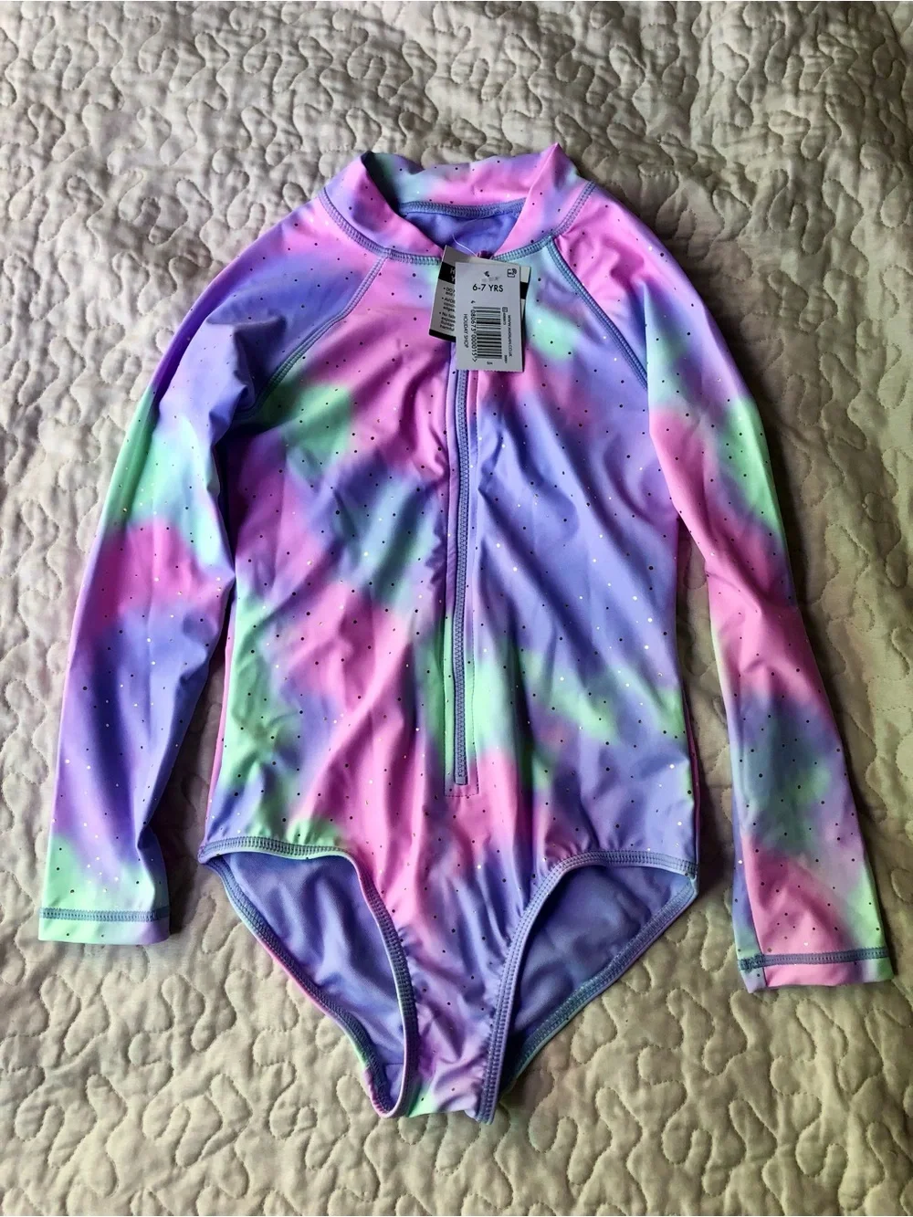 NWT Girls' Long Sleeve Rainbow Tie-Dye One-Piece Swimsuit